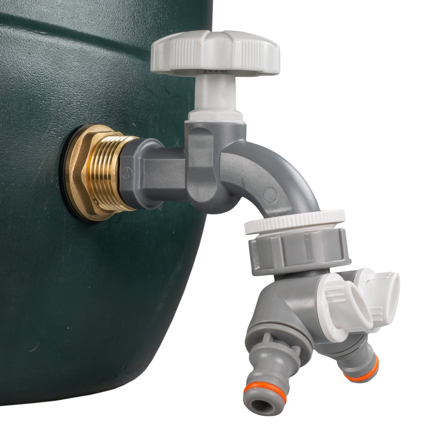Water Butt Brass Kit 1in with Grey Dial Tap + Two-Way Splitter Hose Pipe Fitting