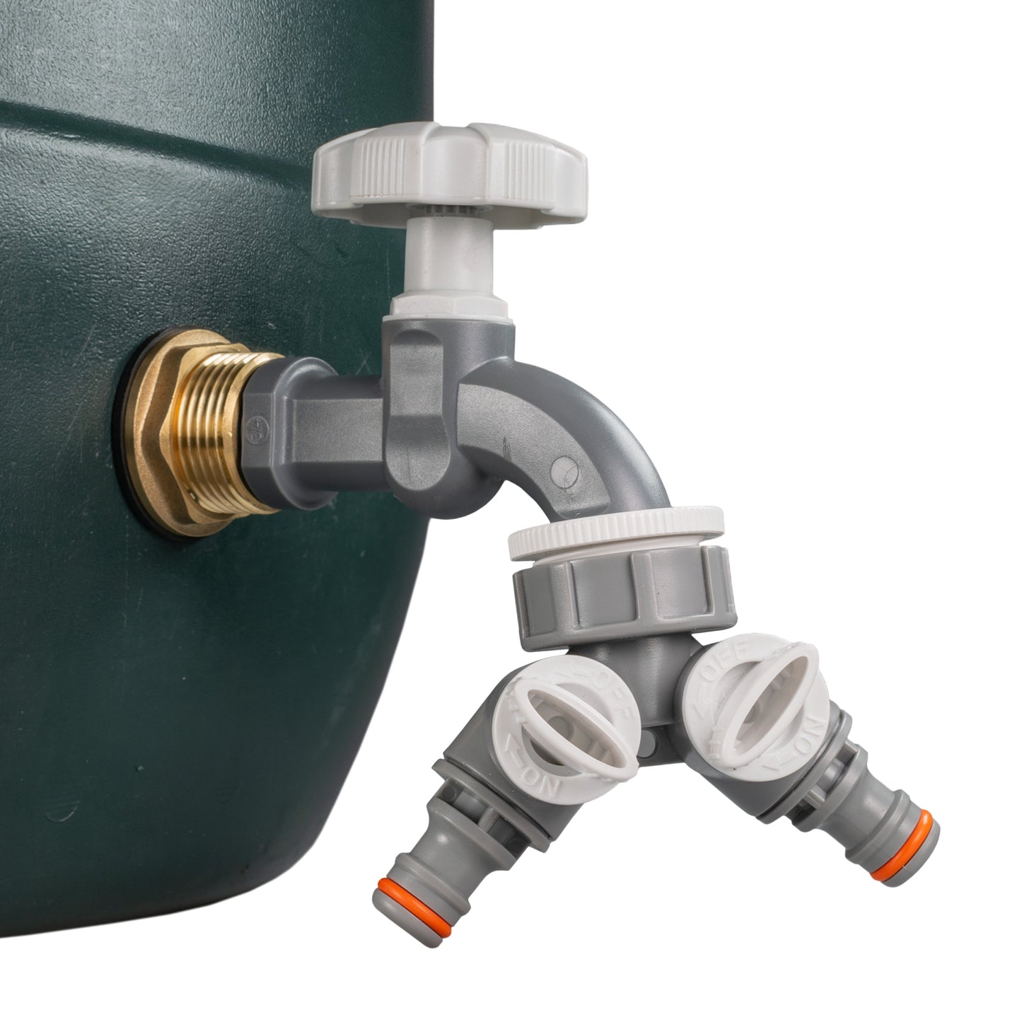 Water Butt Brass Kit 1in with Grey Dial Tap + Two-Way Splitter Hose Pipe Fitting