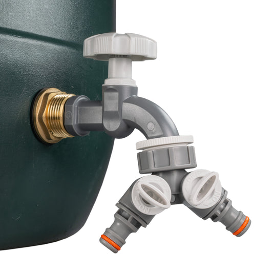 Water Butt Brass Kit 1in with Grey Dial Tap + Two-Way Splitter Hose Pipe Fitting